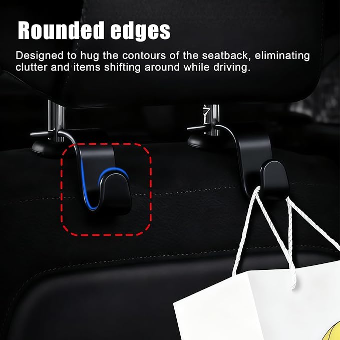 Purse Hook for Car, 4 PCS Car Purse Hook Headrest Hooks, 360° Rotatable Back Seat Storage Organizer, Universal Vehicle Seat Hanger for Purses, Handbags, Grocery Bags, Water Bottles, Black