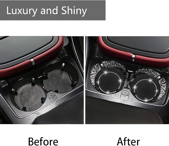 2PCS Bling Car Coasters, Non-Slip Insert Water Bottle Holder Pads, Bling Crystal Rhinestone Dustproof Automotive Interior Accessories, Universal for Vehicles, Trucks, RVs (2 pcs, Black)