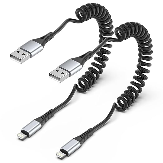 Coiled Lightning Cable, 2 Pack Retractable iPhone Charger Cord for Car, USB to Lightning Cable Fast Charging Compatible with iPhone 14 13 12 11 Pro Max Mini 10 8 Plus XR SE, AirPods