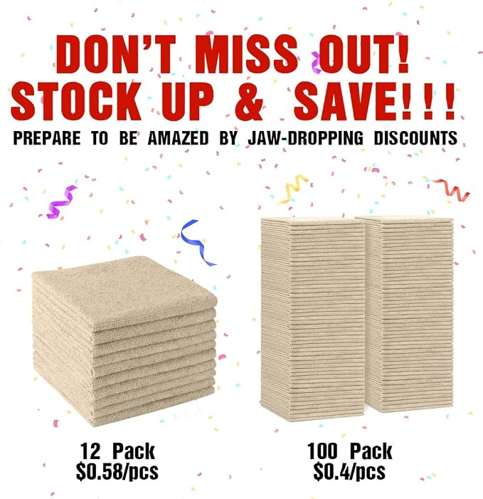 Microfiber Cleaning Cloths Brown, 100 Pack Microfiber Towels for Cars, Lint Free & Scratch-Free Bulk Cleaning Rags for House, Kitchen, Car and Shop, Absorbent Cleaning Towels 11.5 x 11.5 inch