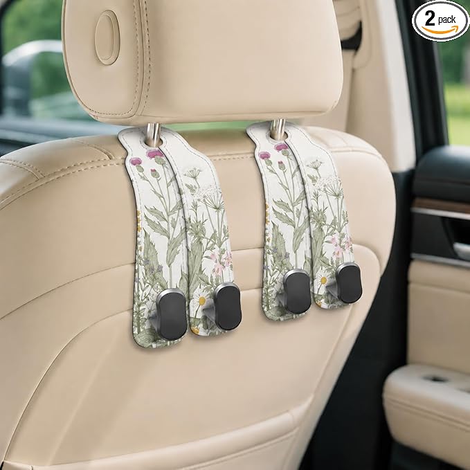 Cute Vintage Wildflower Car Seat Back Storage Headrest Hooks for Purses & Bags – 2PCS PU Leather Dual Metal Hooks, Backseat Organizer Accessories