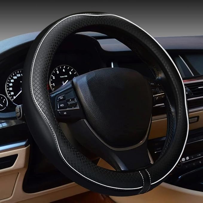 ESEWALAS Universal Car Steering Wheel Cover,Anti-Slip Leather Steering Wheel Cover,Sports Style Steering Wheel Protector,Car Interior Accessories Auto Steering Wheel (Black with White)