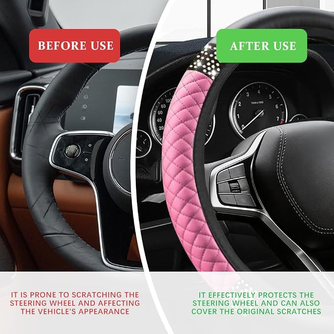 Bling Soft Leather Steering Wheel Cover, Steering Wheel Protector, 15 Inch Rhinestones Car Elastic Protector with Crystal Diamond for Women Girls, Car Accessory for Vehicles (Pink)