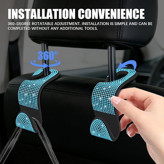 4PCS Bling Car Seat Headrest Hooks, Purse Holder for Car, Vehicle Back Seat Purse Handbag Hanging Holder with Crystal Rhinestone, Diamond Car Rear Seat Organizer for Vehicles (Lake Blue/Black)