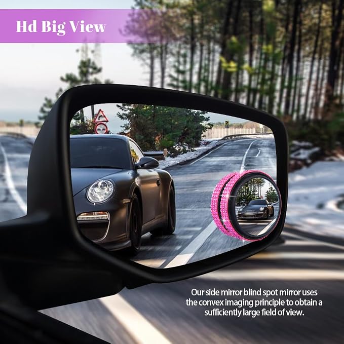 2PCS Blind Spot Mirrors, Convex Car Mirror, 2" Round HD Glass Convex Rear View Mirrors with Frame, 360 Degree Wide Angle Side Rear View Accessories Universal for Most Sedans SUVs Trucks (Pink)
