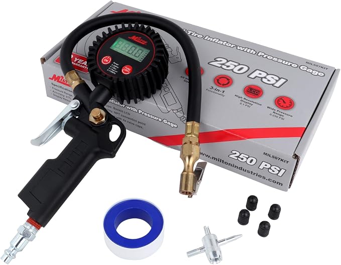 507KIT Digital Tire Inflator Car Accessories w/Accurate Air Tire Pressure Gauge, 14” Rubber Air Hose – 250 PSI, Brass Lock-On Clip Air Chuck and Compressor Accessories