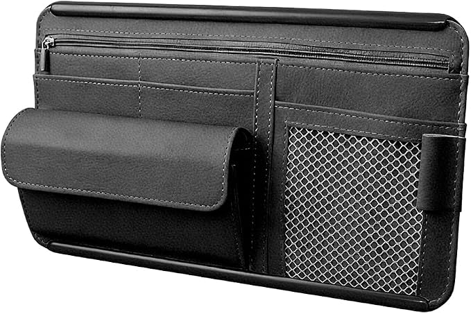 Car Sun Visor Organizer with Zipper Pocket, Multi-Pocket Vehicle Visor Storage Pouch with Card Sleeve, Eyeglasses Holder Box, Auto Interior Sunvisor Organizer Pocket, Universal Fit (Black)