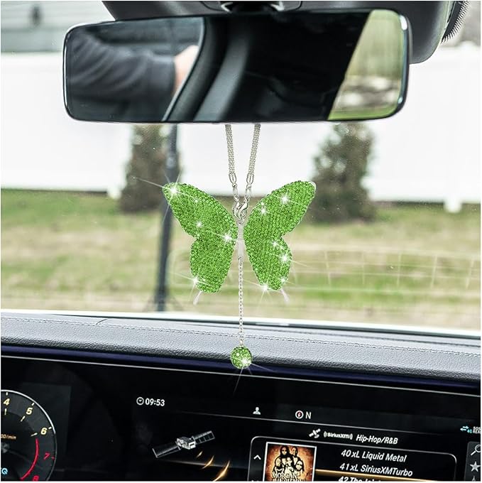 Bling Butterfly Diamond Car Accessories, Crystal Car Rear View Mirror Charms for Women, Car Decoration Lucky Gifts Hanging Interior Crystal Ornament Pendant Decor for All Cars (Light Green)