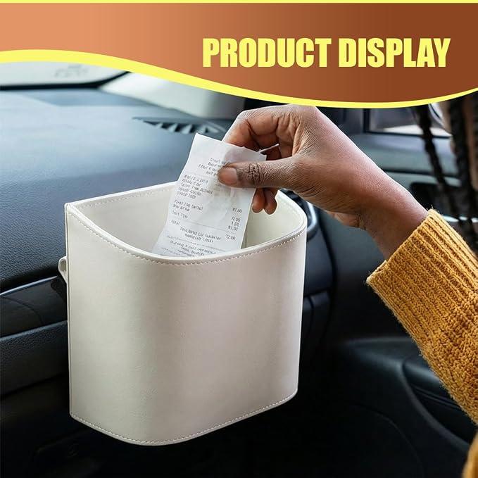 Leather Car Trash Can, Clip on Small Car Garbage Can, Waterproof Leakproof Back Seat Trash Bin, Multifunctional Vehicle Storage Organizer for Trucks, SUVs (White)