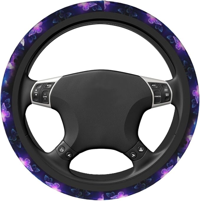 Butterfly Purple Steering Wheel Cover - Purple Butterfly Steering Wheel Cover Anti-Slip Breathable 15 Inch Universal 2 Pcs Car Interior Cup Holder Pad for Men Women
