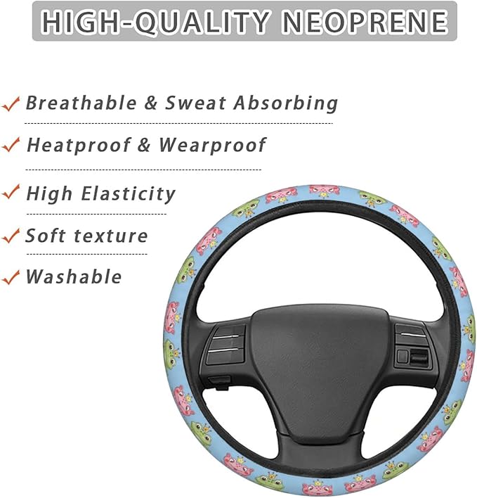 Cartoon Cute Frog with Crown Steering Wheel Covers Anti-Slip Elasticity Car Accessories Steering Wheel Protector Universal 15 Inch for Cars SUV Vehicle Truck