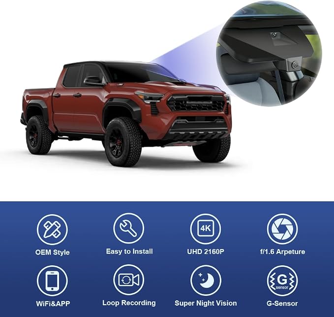 4K Dash Cam Suitable for Toyota Tacoma & Hybrid 2024-2026, OEM Factory Look, UHD 2160P Video, Built-in WiFi & APP, Loop Recording, Collision Sensor, Night Vision, Plug & Play, 64GB Card