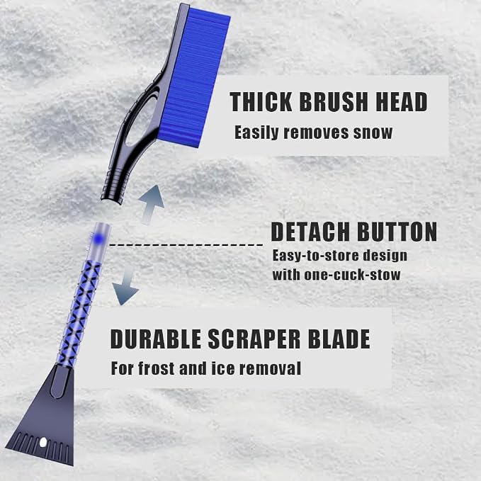 Snow Brush and Ice Scrapers for Car Windshield, Car Scraper Snow Clearing Brush, 2-in-1 Detachable Snow Removal Tool with Ergonomic Foam Grip Winter Accessories for Cars, Trucks, SUVs