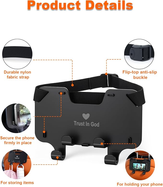 Adjustable Car Seat Headrest Hooks, Universal Fit for All Headrest Styles, Purse Hook with Phone Holder, Car Purse Hooks for Bags, Multifunctional Car Organizers and Storage
