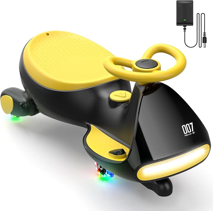 N7 Pro Electric Wiggle Car with Pedal, Rechargeable Battery, CyberWiggle, 2 in 1 Swing Car, 2 Speeds Max 4 Mph, Anti-Rollover, Flashing Wheels, Bluetooth, Ages 3+, 150 Lbs,Yellow