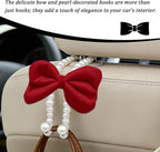 2PCS Bow Pearl Car Seat Headrest Hook, Cute Vehicle Seat Hangers Storage Organizer for Handbag Purse Coat, Auto Interior Headrest Decorative Hook, Universal for SUV RV Truck (Red)