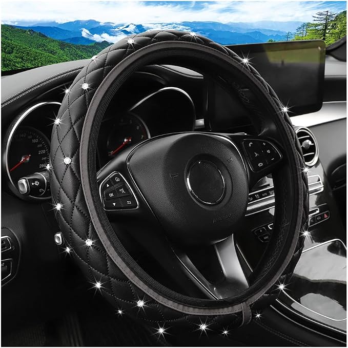 Bling Car Steering Wheel Cover, Non-Slip Elastic Stretch Leather Auto Steering Wheel Protector, Sparkling Diamond Vehicle Decor Accessories for Women Girls, Universal for Vehicles (Gray)