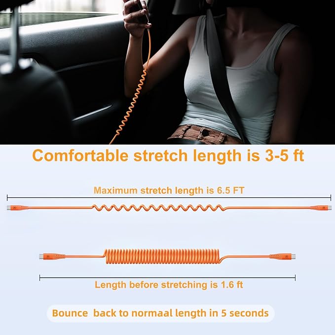 USB C to C Cable 6FT, 2Pack Coiled USB C Fast Charging Cable for CarPlay, iPhone USB-C Cable/Android Auto USB C Cord USB Type-C Cable for iPhone 17/16/15/Pro Max/Samsung Galaxy S26 S25 and More-Orange