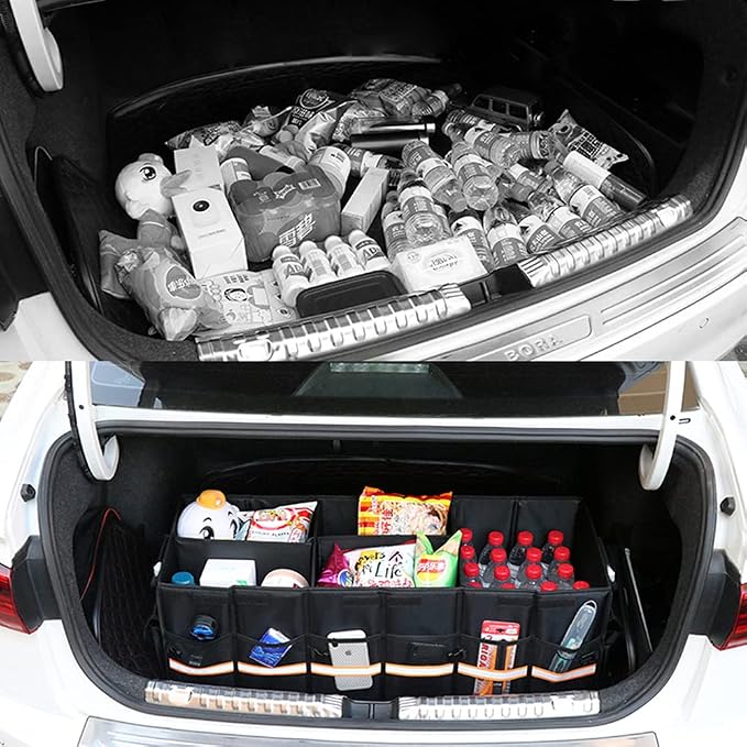 Car Trunk Organizer - Collapsible Trunk Organizer & Lid Foldable Cover Aluminium Alloy Handle Reflective Strip for Auto, SUV, Truck, Minivan (XL Black)