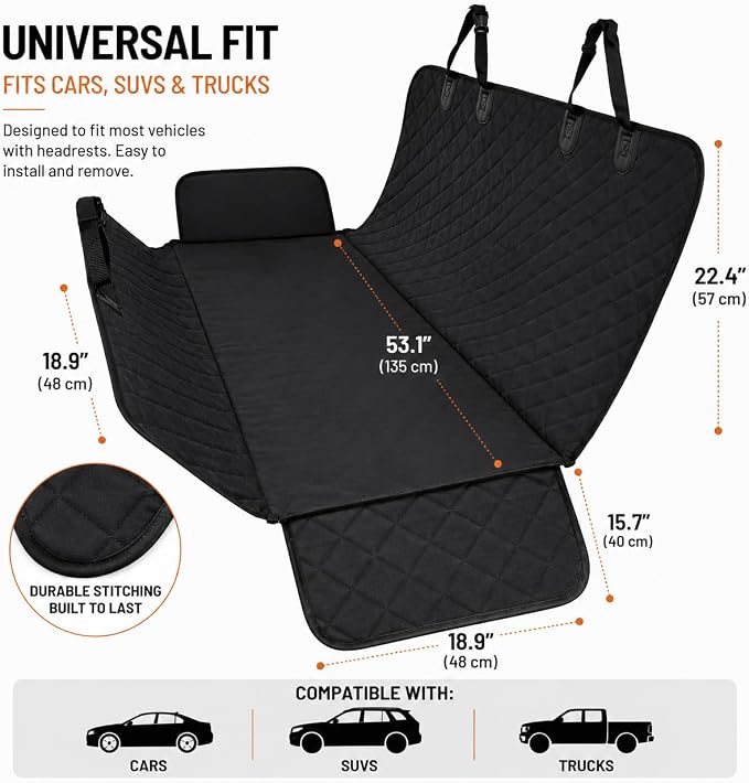Dog Car Seat Cover for Back Seat - 100% Waterproof Hammock with Side Flaps, Non-Slip Pet Seat Protector, Scratch Resistant Heavy Duty Oxford Fabric, Fits Cars, Trucks & SUVs