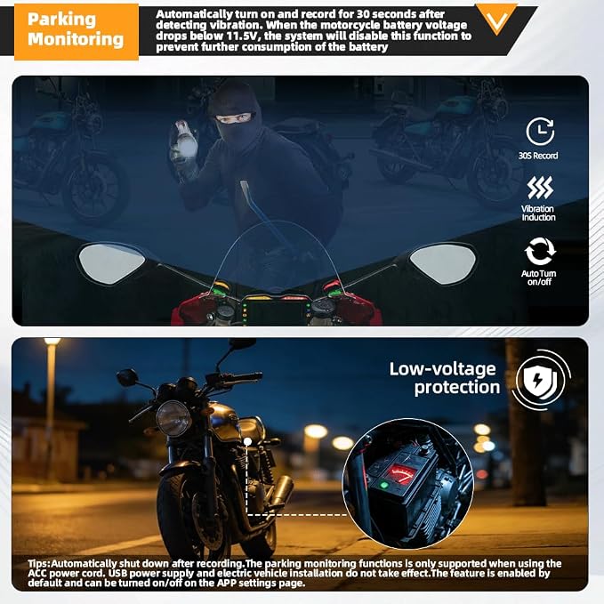 VSYSTO Motorcycle Dash Camera, Dual 2K Starlight Night Vision Cameras with 5G WiFi, Parking Monitoring, GPS, TPMS, Waterproof, Temperature Display, Low Voltage Protection (Q3PRO)