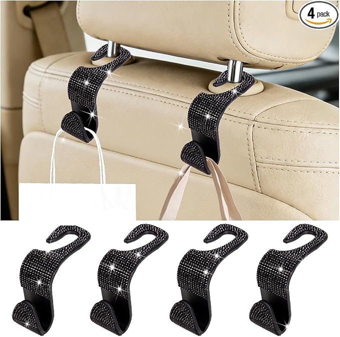 4PCS Bling Car Seat Headrest Hook, Crystal Rhinestone Backseat Hanger Organizer for Purse Handbag Umbrella, Shiny Auto Interior Seat Back Storage Holder Hook, Universal Fit (Black)