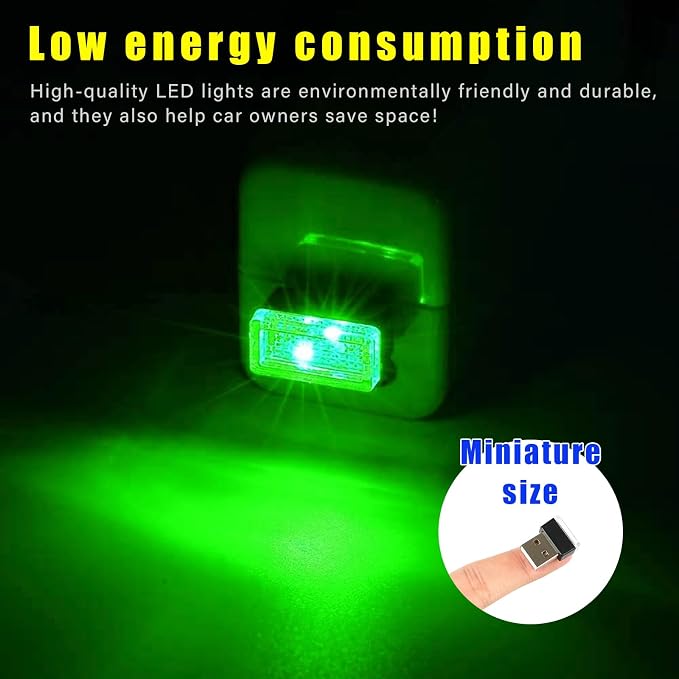 4 PCS USB LED Car Interior Atmosphere Lamp, Plug-in USB Decor Night Light, Portable Auto Ambient Lighting Kit, Universal Vehicle Interior Accessories for Most Cars (Green)