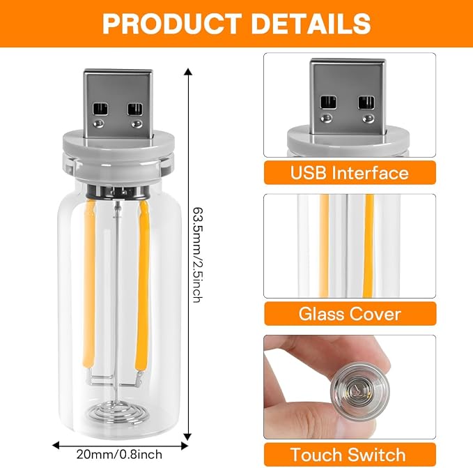 2 PCS Car USB Night Light Bulb, Touch Dimmable Car Interior Ambient Lights, Mini Retro Glass Bottle LED Lamp, Plug-in USB Mood Light for Vehicle, Bedroom, Camping(Red)