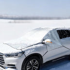 Car Windshield Snow Sun Cover ， 100x 77 Inches | Extra large thickened reflective strips, all season indoor outdoor, protects windshield wipers door handles side mirrors