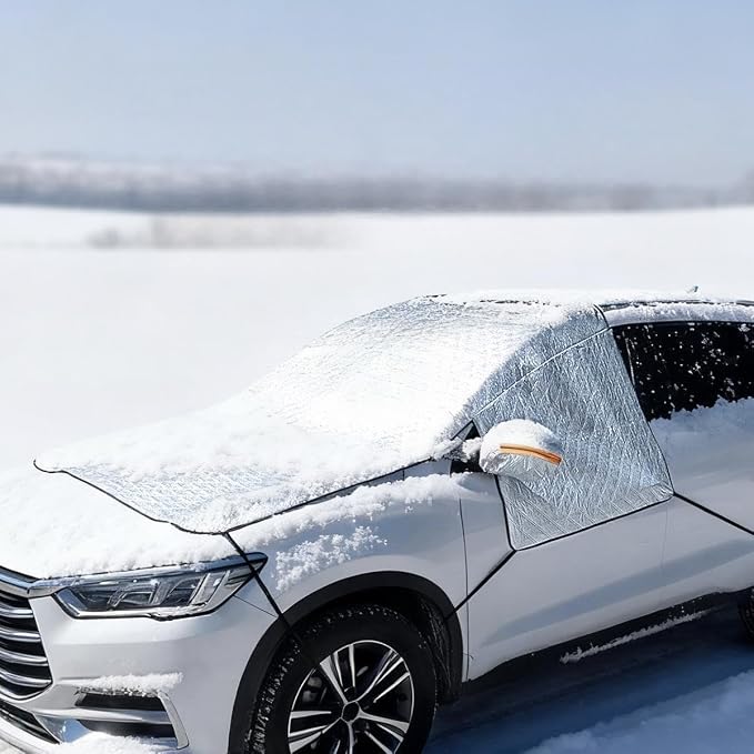 Car Windshield Snow Sun Cover ， 100x 77 Inches | Extra large thickened reflective strips, all season indoor outdoor, protects windshield wipers door handles side mirrors