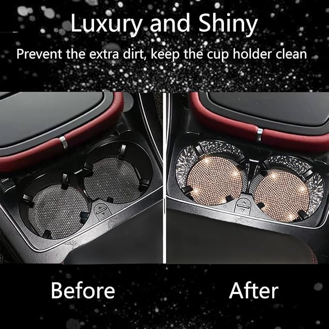 4pcs Bling Car Cup Holder Coaster, 2.75 inch Anti-Slip Shockproof Universal Fashion Car Coasters Insert Bling Crystal Rhinestone Automotive Interior Accessories for Women (Champagne)
