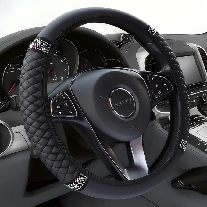 Soft Leather Car Steering Wheel Cover, Universal 15 Inch Colorful Rhinestones Anti-Slip Elastic Steering Wheel Covers for Most Cars, Sparkly Crystal Diamond for Women Girls (Black)