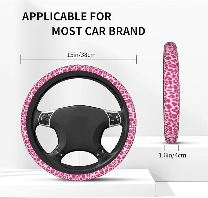 Leopard Print Steering Wheel Cover Anti-Slip Universal for 14.5-15 Inch Car Steering Wheel Cover with 2 Pieces Car Coasters Suitable for Men Women