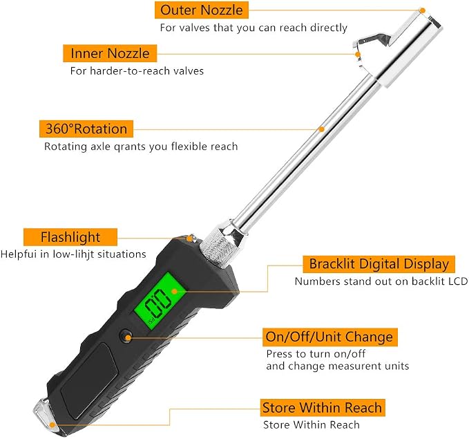 Number-one Digital Tire Pressure Gauge 230 PSI Auto Shut Off LCD Backlight Digital Display RV Heavy Duty Dual Head Rotatable Pressure Measuring Valve with LED Flashlight for RV Car Truck Motorcycle