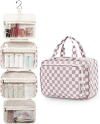 Travel Toiletry Bag for Women Large Hanging Makeup Bag Organizer Toiletries Bag for Full Size Essentials Accessories Cosmetics (Dusty Pink Checkerboard (Large))