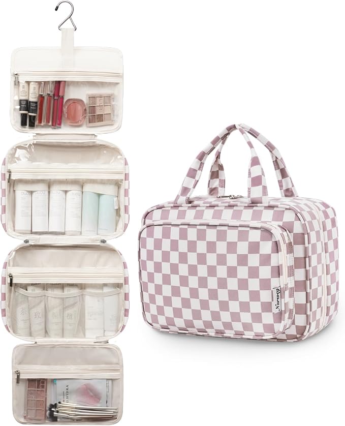 Travel Toiletry Bag for Women Large Hanging Makeup Bag Organizer Toiletries Bag for Full Size Essentials Accessories Cosmetics (Dusty Pink Checkerboard (Large))