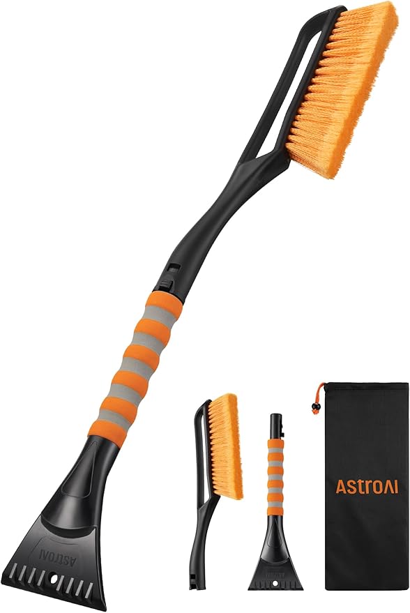 27" Snow Brush and Ice Scrapers for Car Windshield, Detachable Snow Scrapers with Ergonomic Foam Grip for Cars, Trucks, SUVs (Heavy Duty ABS, PVC Brush, Orange)