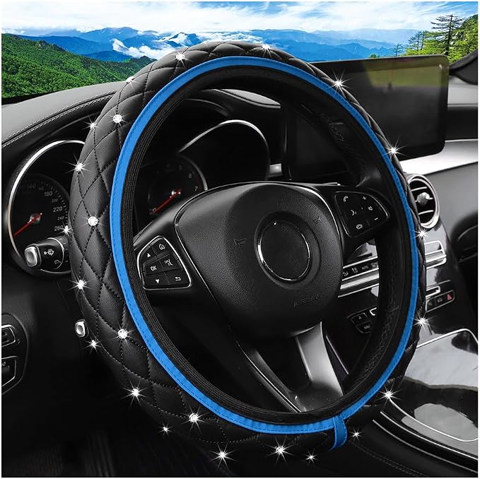 Bling Car Steering Wheel Cover, Non-Slip Elastic Stretch Leather Auto Steering Wheel Protector, Sparkling Diamond Vehicle Decor Accessories for Women Girls, Universal for Vehicles (Blue)