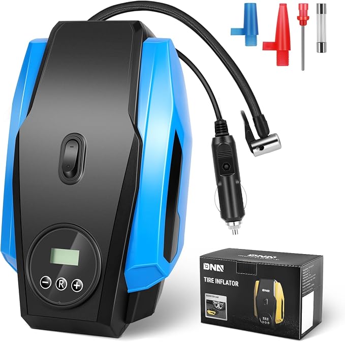 Tire Inflator Portable Air Compressor, 12V DC Air Pump for Car Tires, Bike, Motorcycle, Ball, Electric Bike Tire Pump with Pressure Gauge, LED Light, Auto Shut Off, Blue, TOOLS-00679-BL