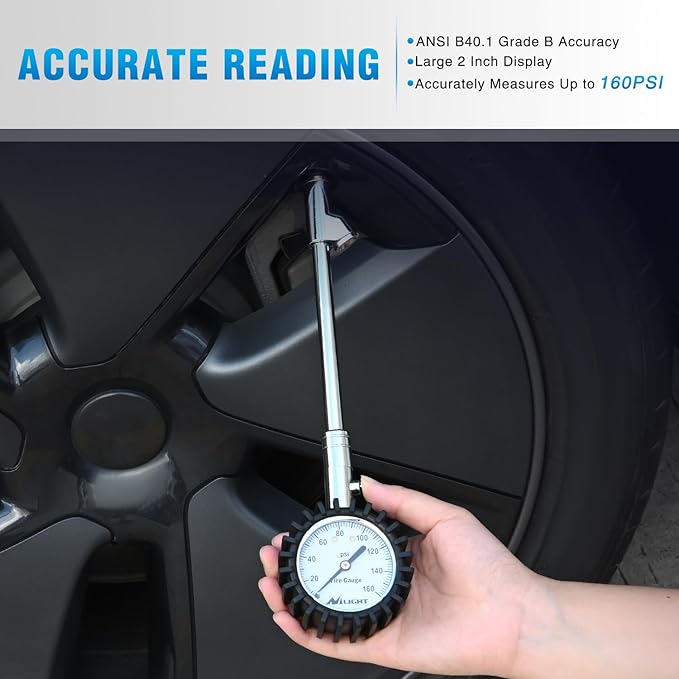 Tire Pressure Gauge 160PSI Heavy Duty Stainless Steel Dual Head Air Pressure Chucks ANSI B40.1 Certified Large 2" Dial Wheel Checker for Truck Semi Truck ATV Motorhome Cars & RV Accessories