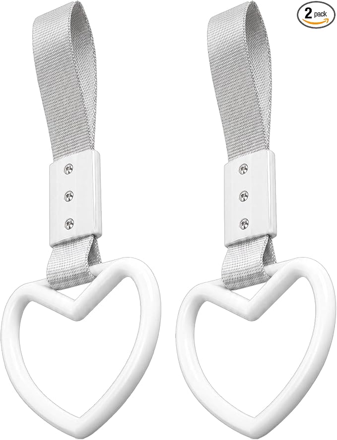 2PCS Heart Shaped Car Handle Straps, Rear Bumper Warning Keychain Ring for Car Exterior Accessories (White-Silver)