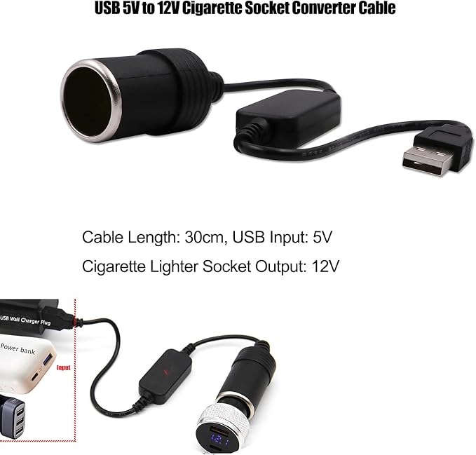 USB A Male to 12V Car Cigarette Lighter Socket Female Converter Cable (8W Max)