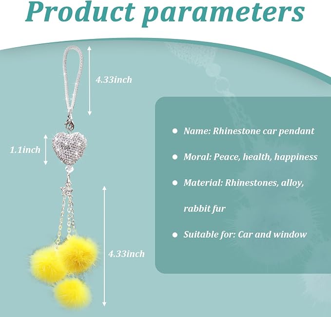 Bling Diamond Heart Car Interior Accessories, Heart & Pink Plush Ball Decor Ornament Pendant, Hanging Decoration Charm (Yellow)