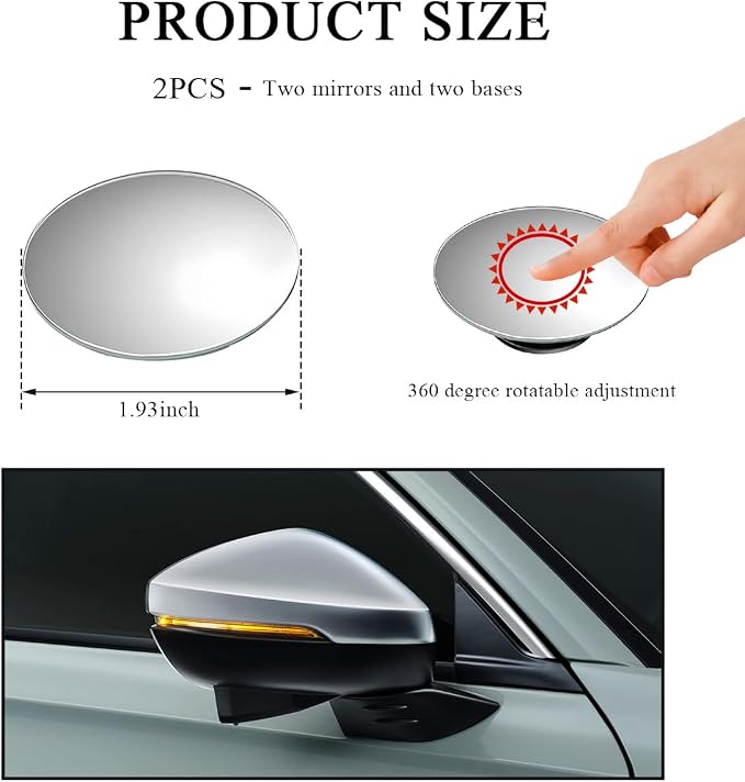 2 PCS Car Blind Spot Mirror, Round HD Glass Convex 360° Rotating Wide Angle Side Mirror, Frameless Car Blindspot Mirror with Self Adhesive for Larger Image and Traffic Safety