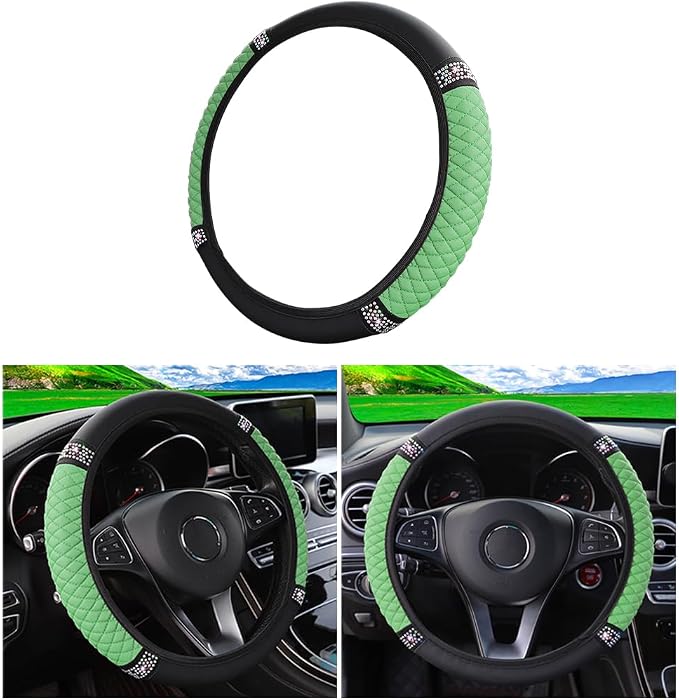Bling Car Steering Wheel Cover, 15 Inch Rhinestones Soft Leather Elastic Steering Wheel Protector, Sparkly Crystal Diamond for Women Girls (Green)