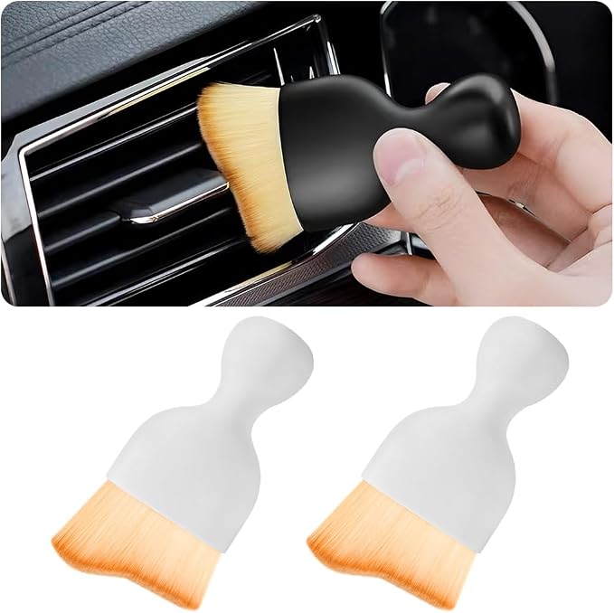 2PCS Car Interior Detailing Brush with Dust Cover, Auto Soft Hair Cleaning Brushes, Scratch Free Curved Dirt Collectors, for Vehicle Dashboard Air Conditioner Vents Leather Computer (White/2PCS)
