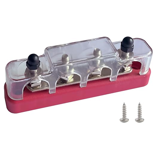 4 x #10 (M5) Studs Bus Bar, 4.2" Power Distribution Block Brass Battery BusBar Junction with Cover for Auto Boat Amplifier and More (Red)