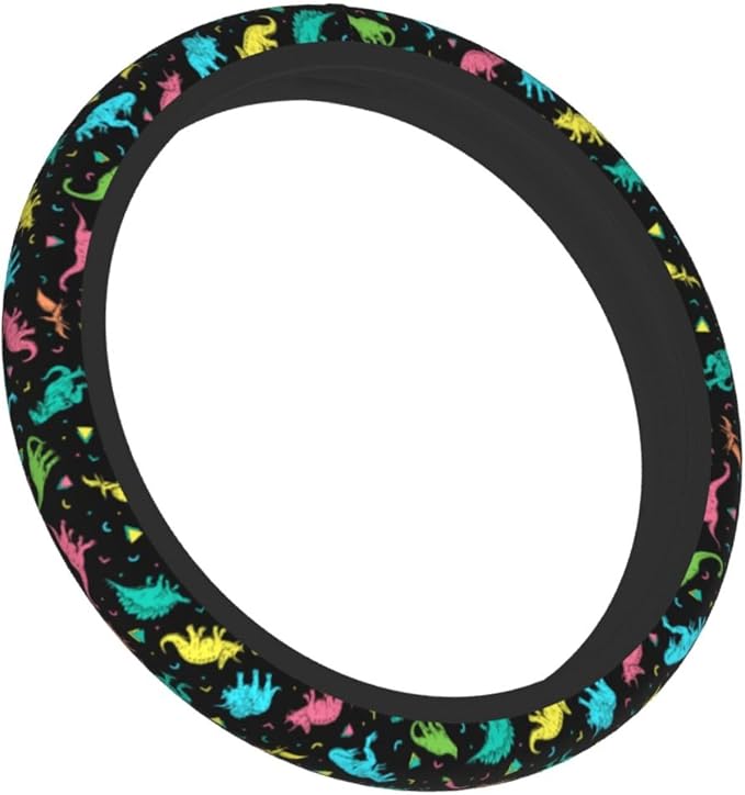 Dinosaurs Colors Cartoon Dinos in Neon Steering Wheel Cover Car Accessories Cute for Women Girls Girly Universal 15 Inch Neoprene Auto Interior Decor Anti Slip Car Truck Protector