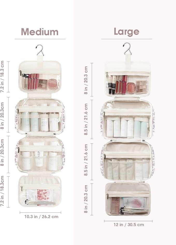 Hanging Floral Toiletry Bag for Women Travel Makeup Bag Organizer Toiletries Bag for Travel Size Essentials Accessories Cosmetics (Dusty Pink Flower (Medium))