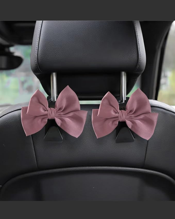 2 Pack Car Purse Holder for Handbags and Bags, Headrest Back Seat Hooks for Cars, Car Bag Hanger for Groceries, Coats, Umbrellas and Daily Essentials, Bow-Shaped Car Interior Organizer (Leather pink)